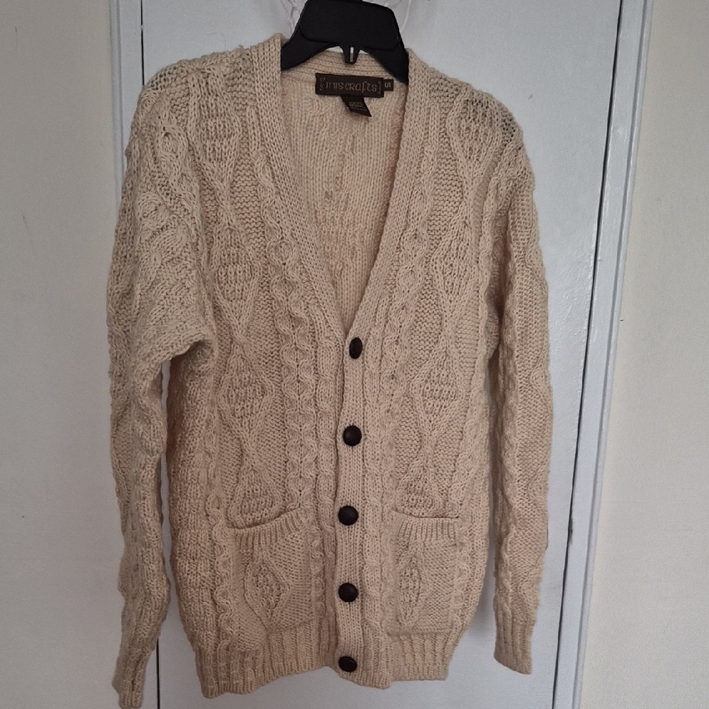 Inis Crafts 100% Wool Men's Cardigan Pullover Sweater Cream Size S